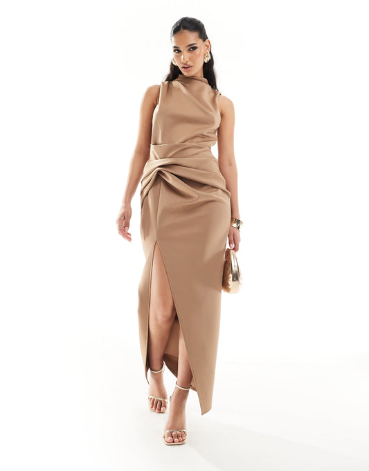 ASOS DESIGN structured hip tuck high neck midi dress in mocha