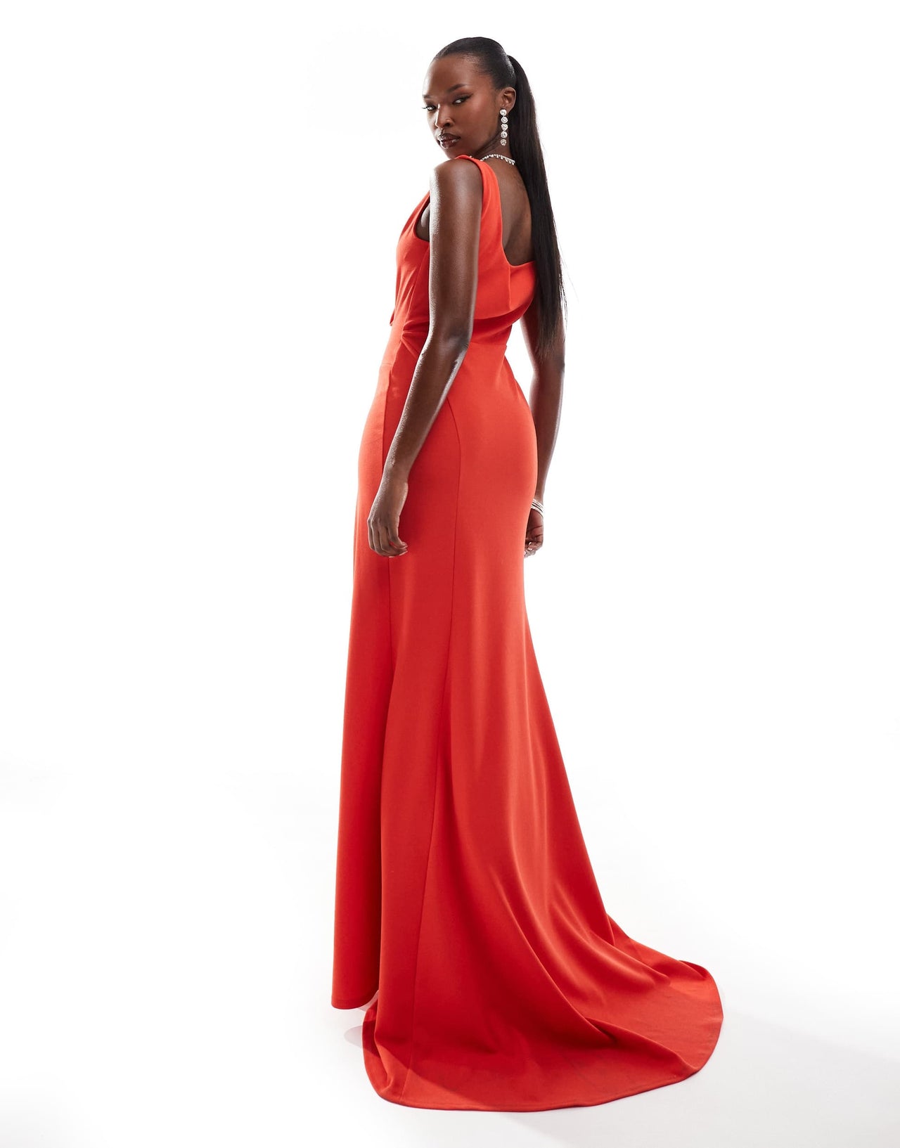 ASOS DESIGN Premium draped rose detail off shoulder fishtail maxi dress in red