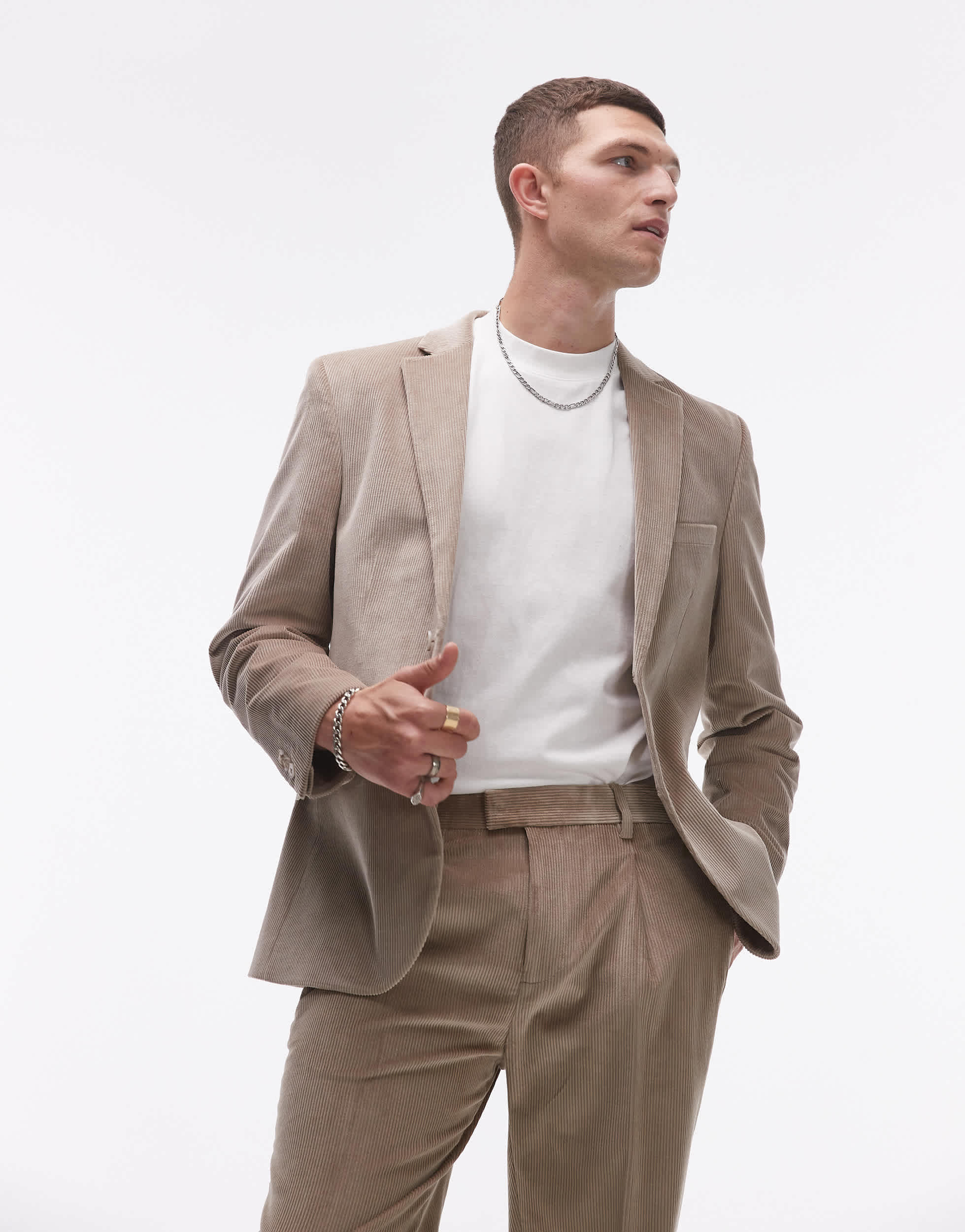 Topman slim cord suit jacket in stone