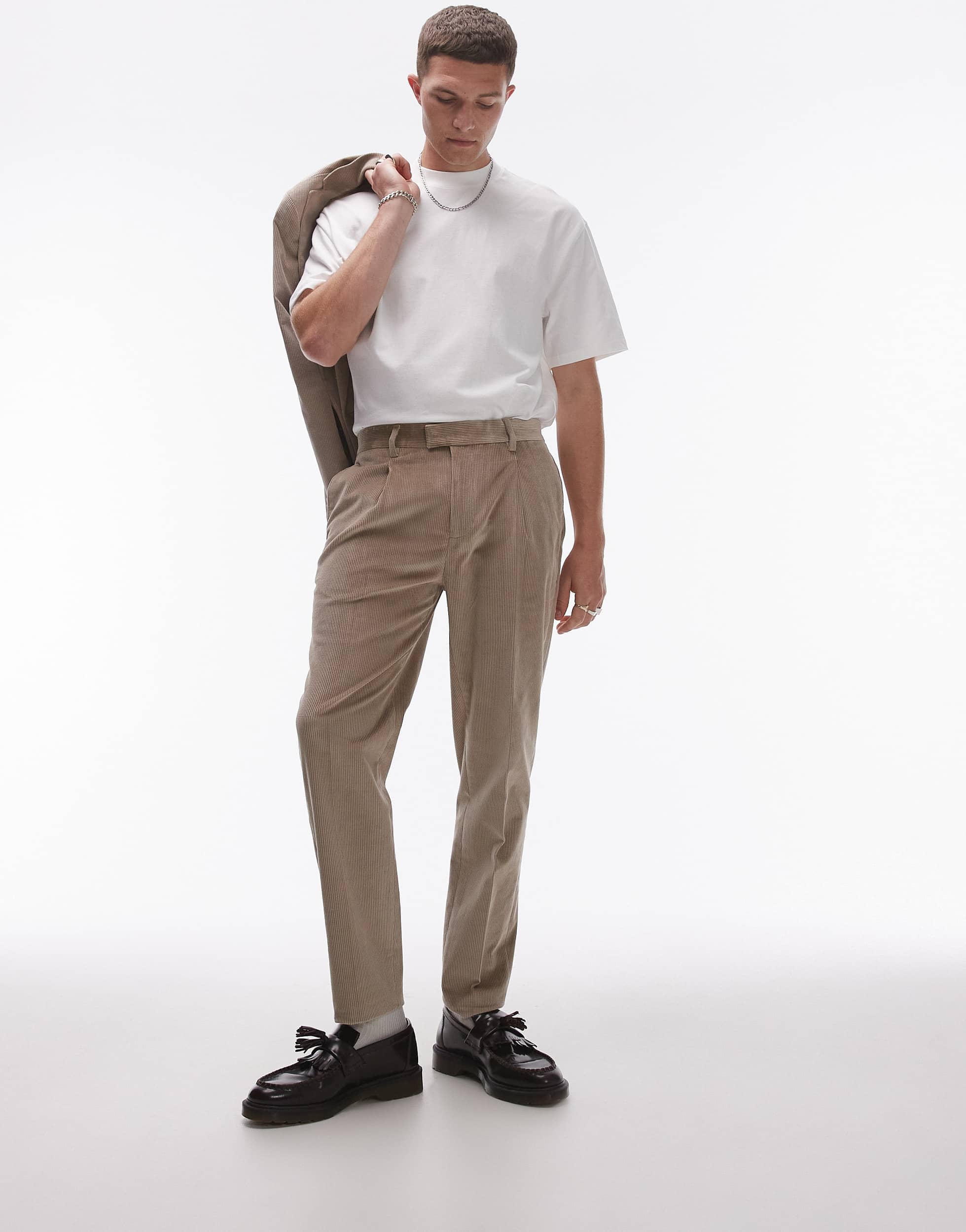 Topman tapered cord trousers in stone
