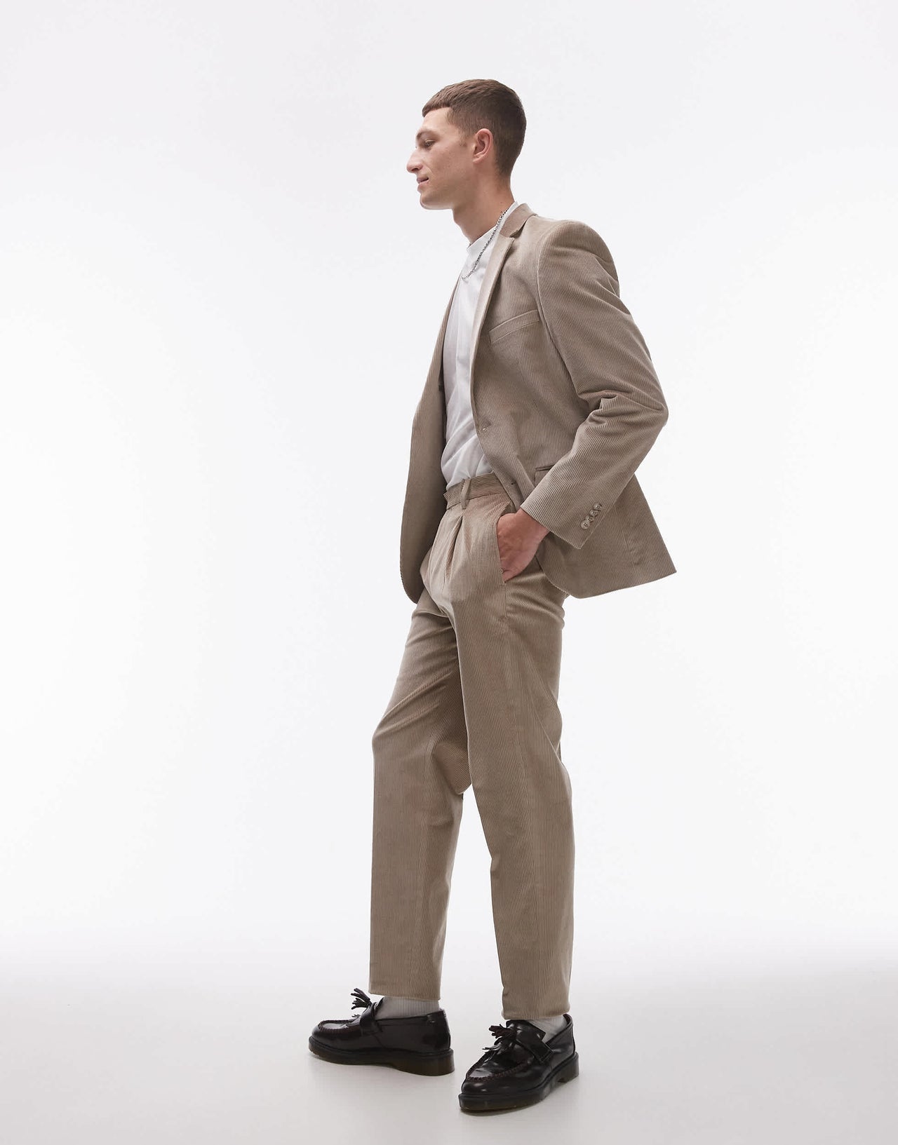 Topman tapered cord trousers in stone