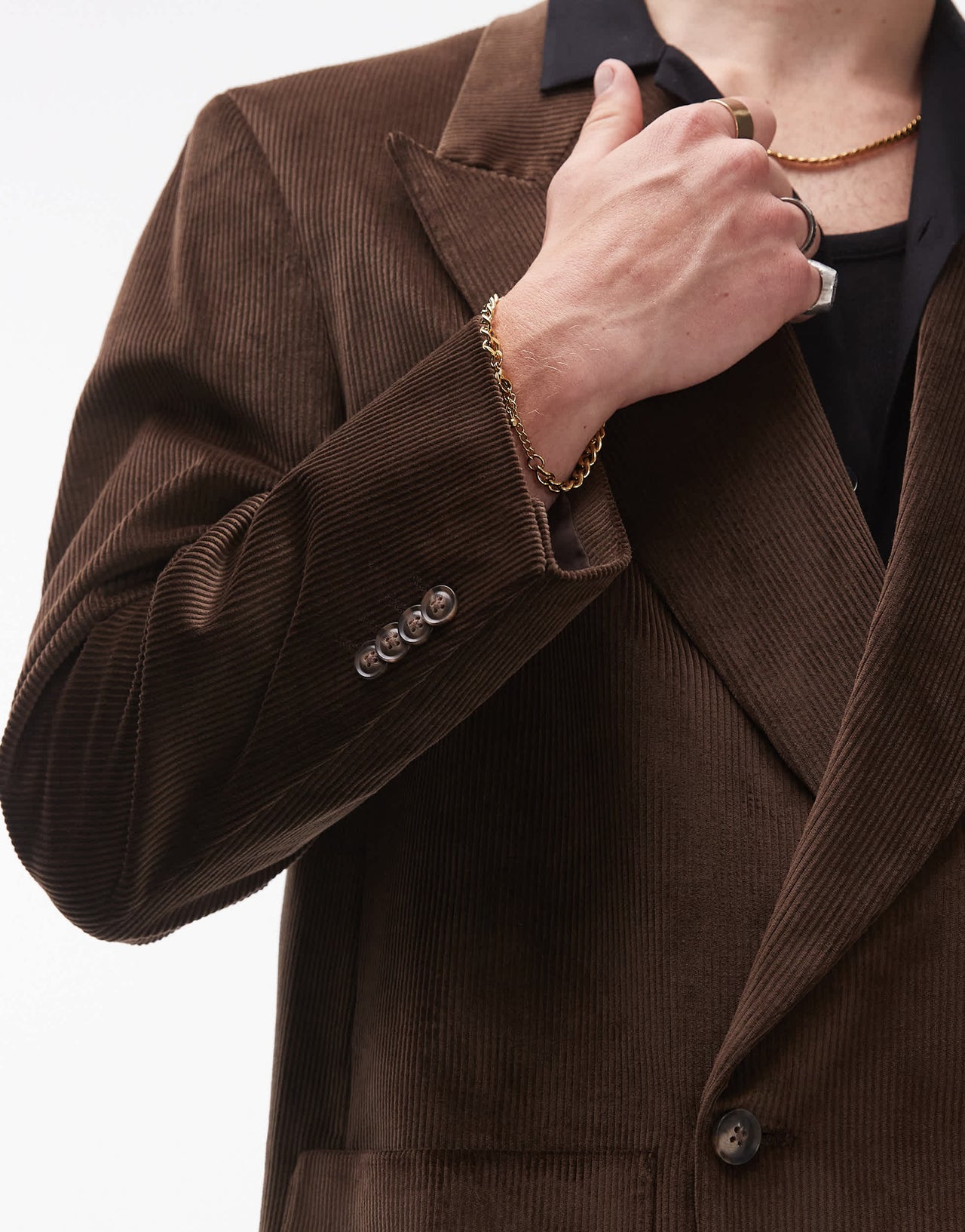 Topman oversized double breasted cord suit jacket in brown