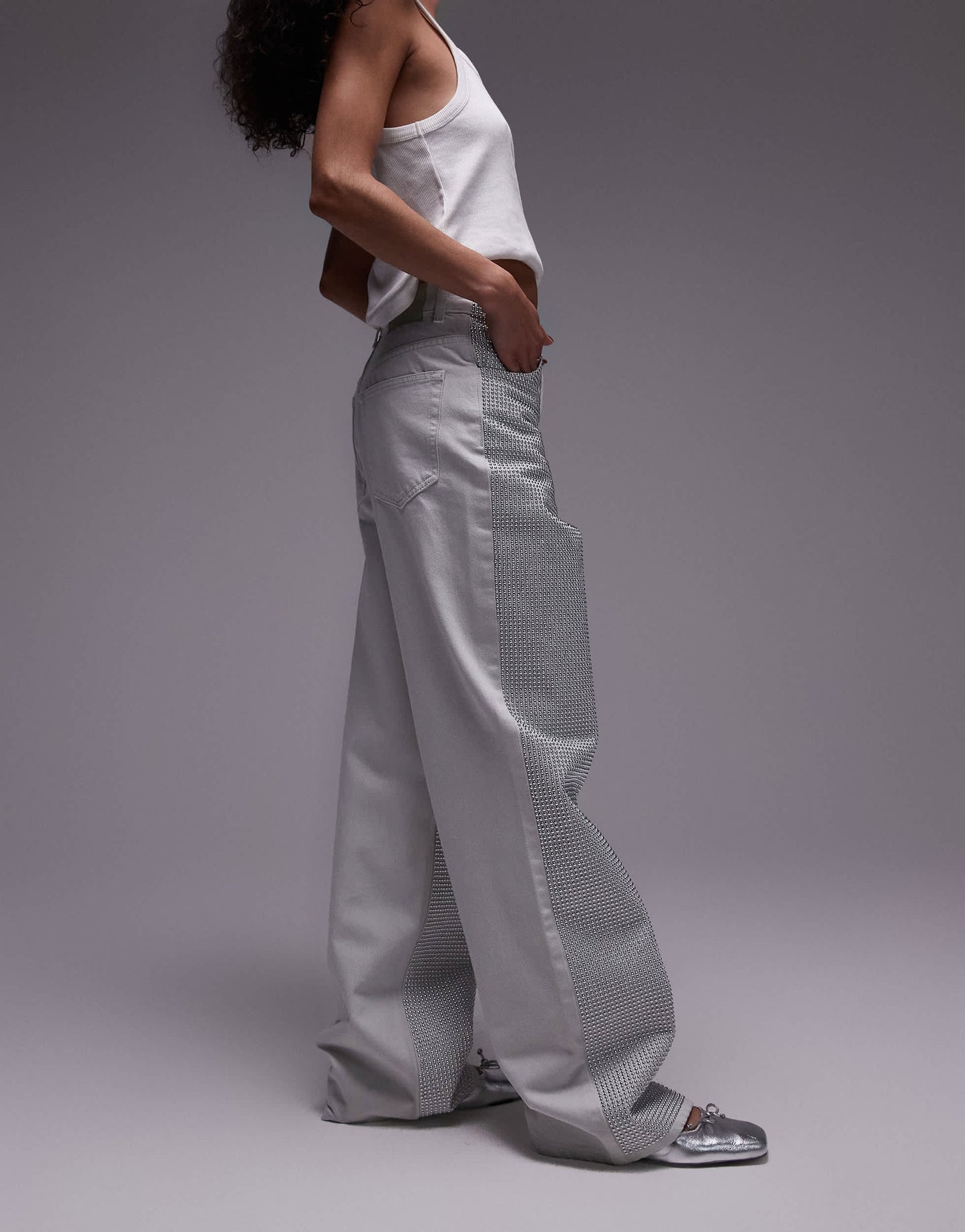 Topshop Column mid rise silver studded jeans in bone white