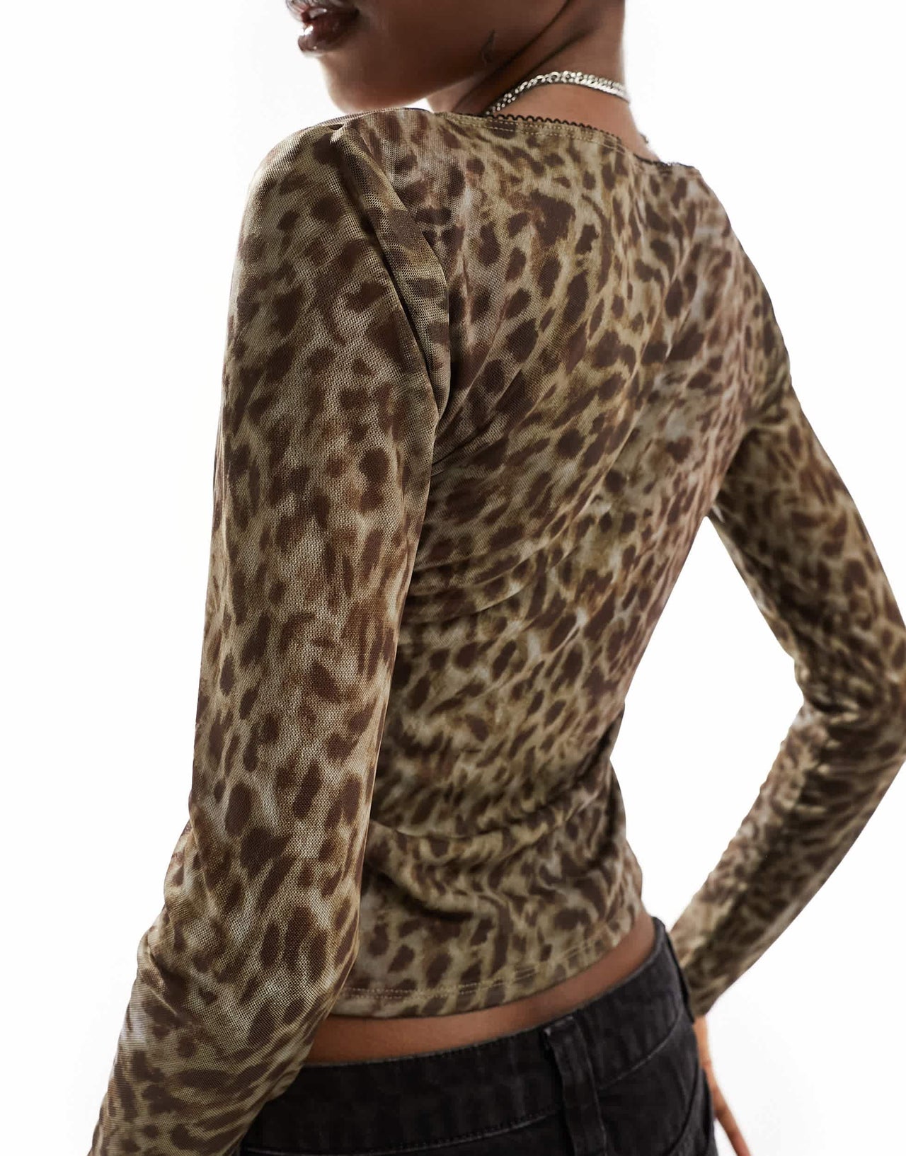 Reclaimed Vintage square neck mesh top with bows in leopard print
