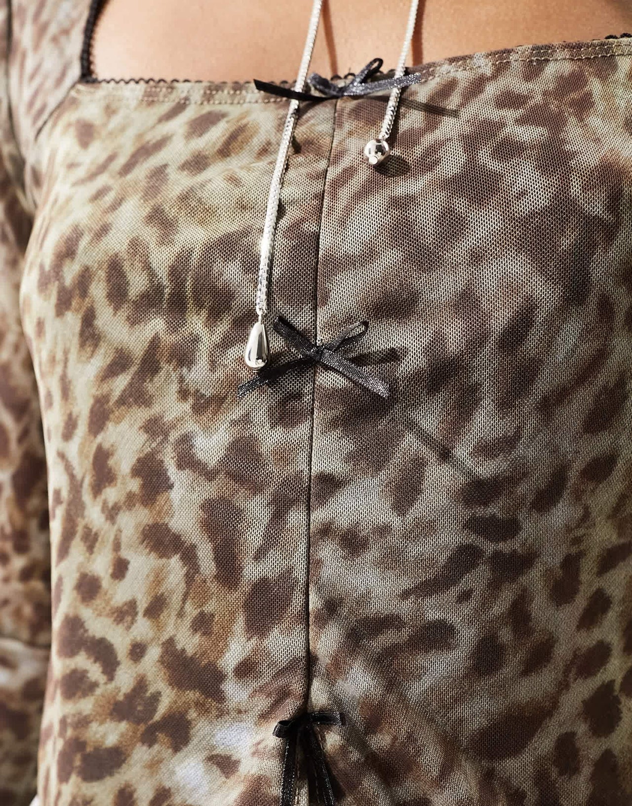 Reclaimed Vintage square neck mesh top with bows in leopard print