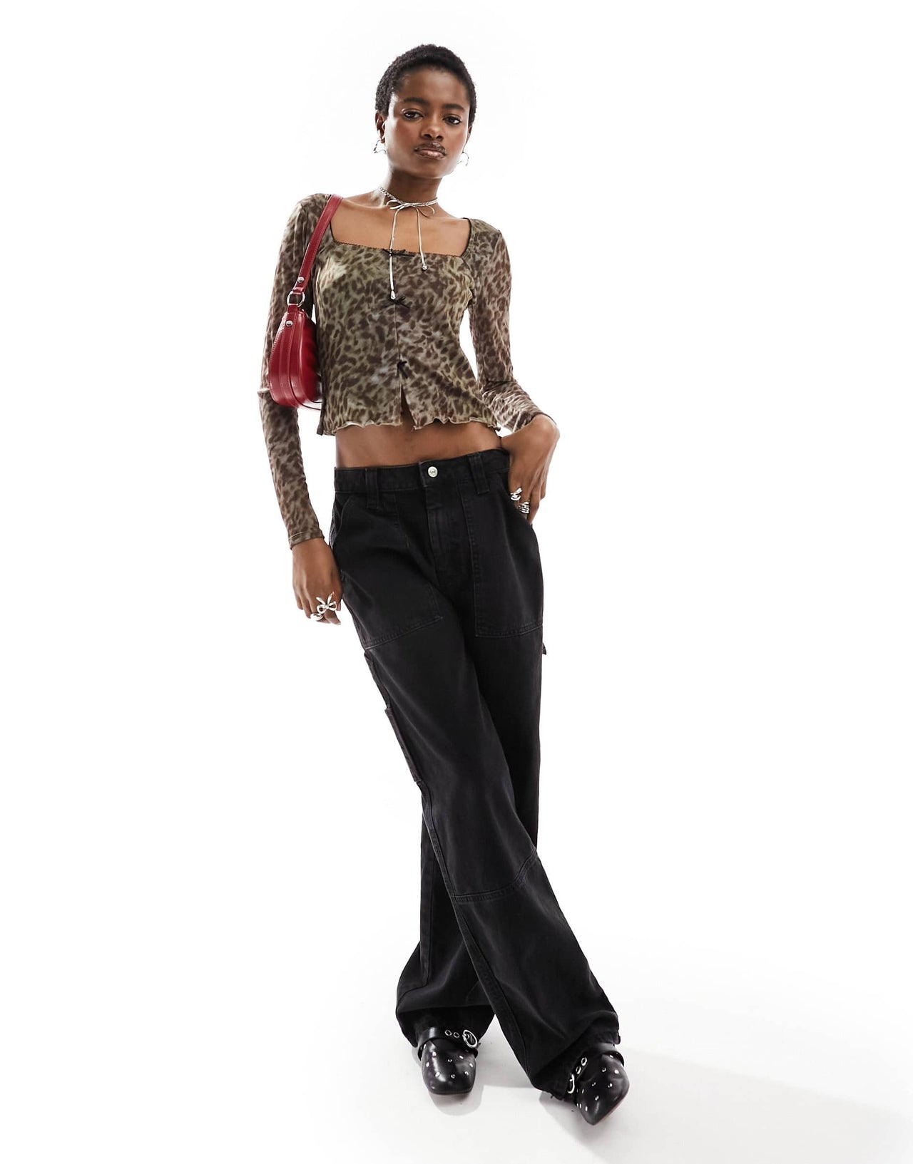 Reclaimed Vintage square neck mesh top with bows in leopard print