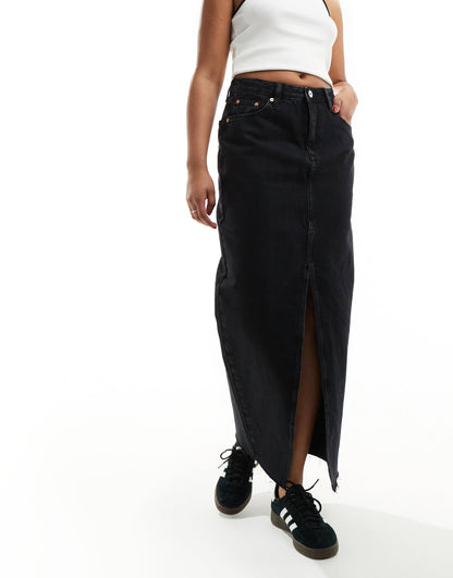 River Island split front denim maxi skirt in black