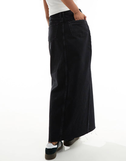 River Island split front denim maxi skirt in black