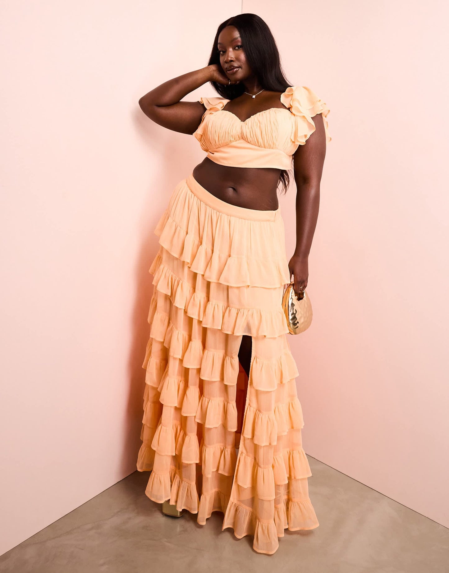 ASOS LUXE Curve co-ord beach ruched bralet with tiered sheer sleeves in apricot