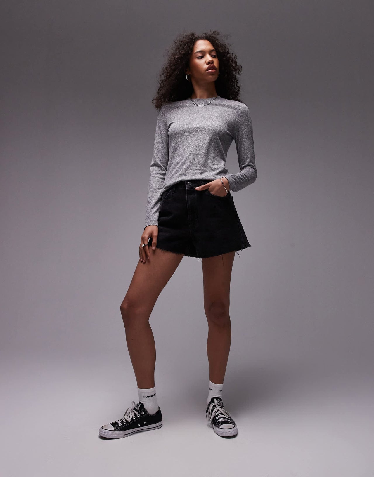 Topshop marled crew neck long sleeve top in grey marl