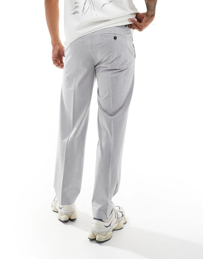 Selected loose fit pleated trousers in grey melange