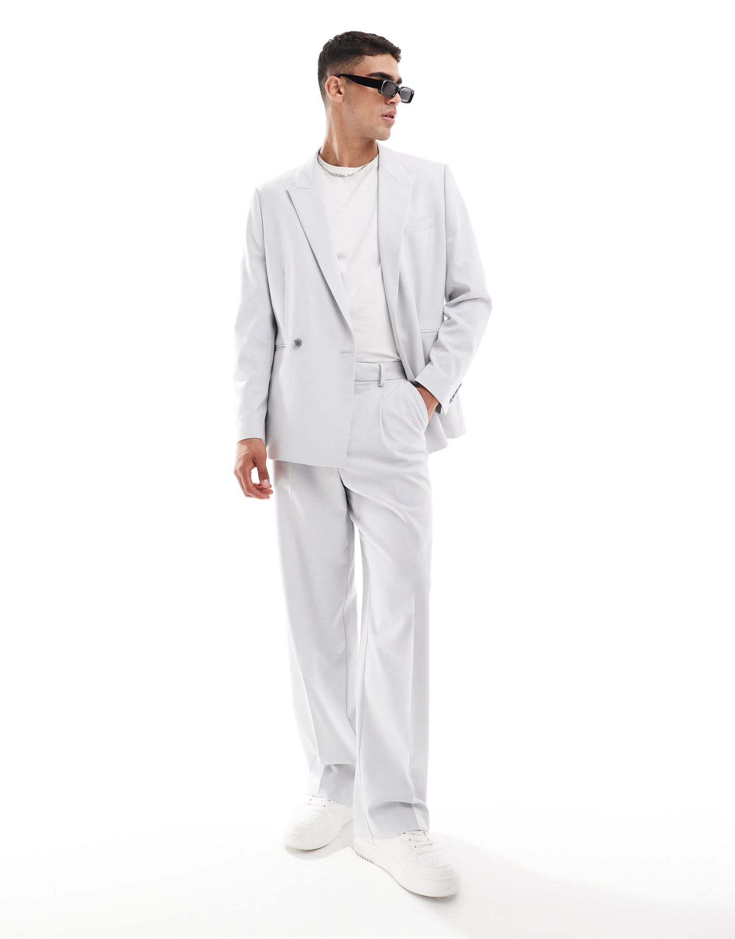 ASOS DESIGN regular slouchy double breasted suit jacket in grey texture