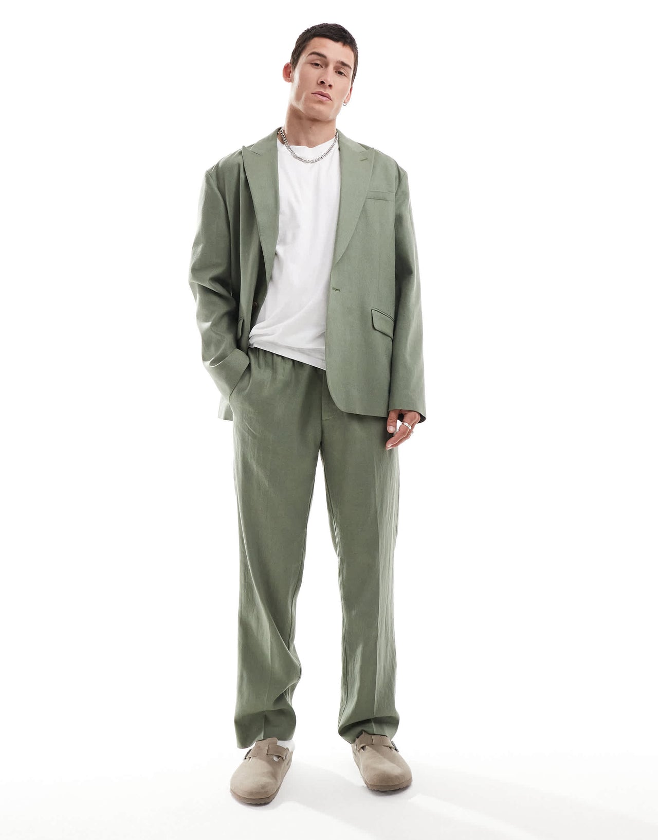 ASOS DESIGN linen blend pull on straight leg suit trousers in olive green