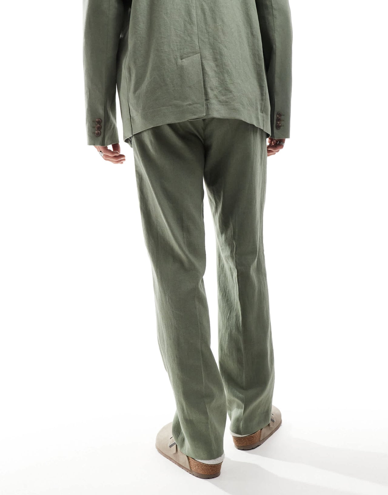ASOS DESIGN linen blend pull on straight leg suit trousers in olive green