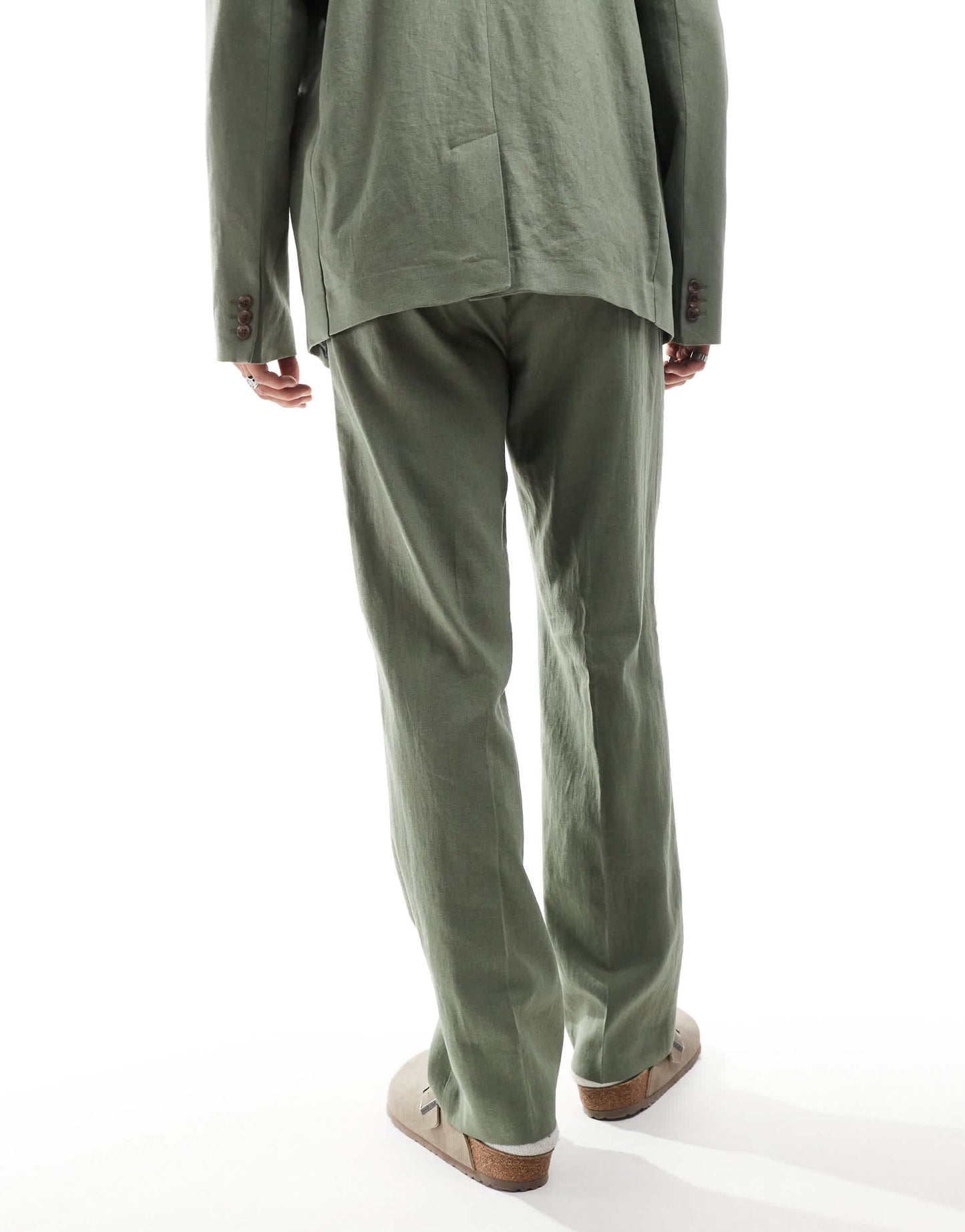 ASOS DESIGN linen blend pull on straight leg suit trousers in olive green