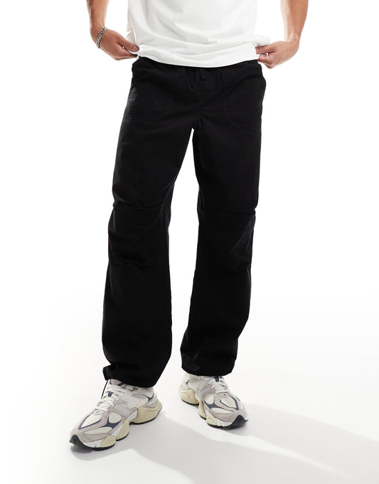 Selected loose fit elasticated waistband ripstop trousers in black