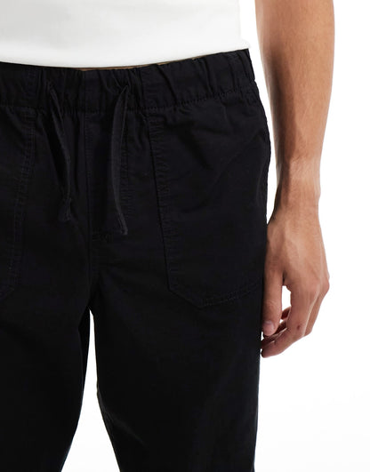 Selected loose fit elasticated waistband ripstop trousers in black