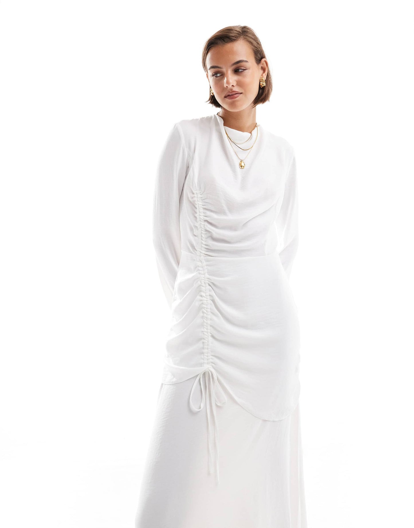 ASOS DESIGN tie up ruched long sleeve maxi dress in white
