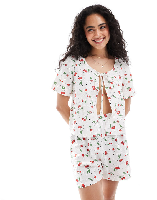 ONLY linen mix tie front top co-ord in cherry print