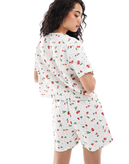 ONLY linen mix tie front top co-ord in cherry print