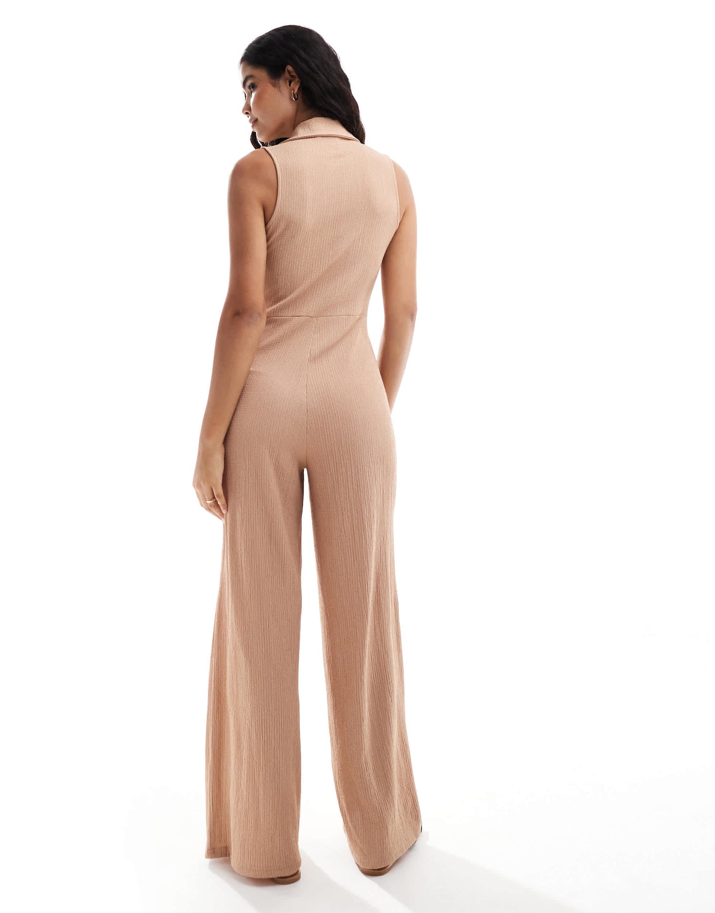 ONLY button through ribbed jersey wide leg jumpsuit in beige