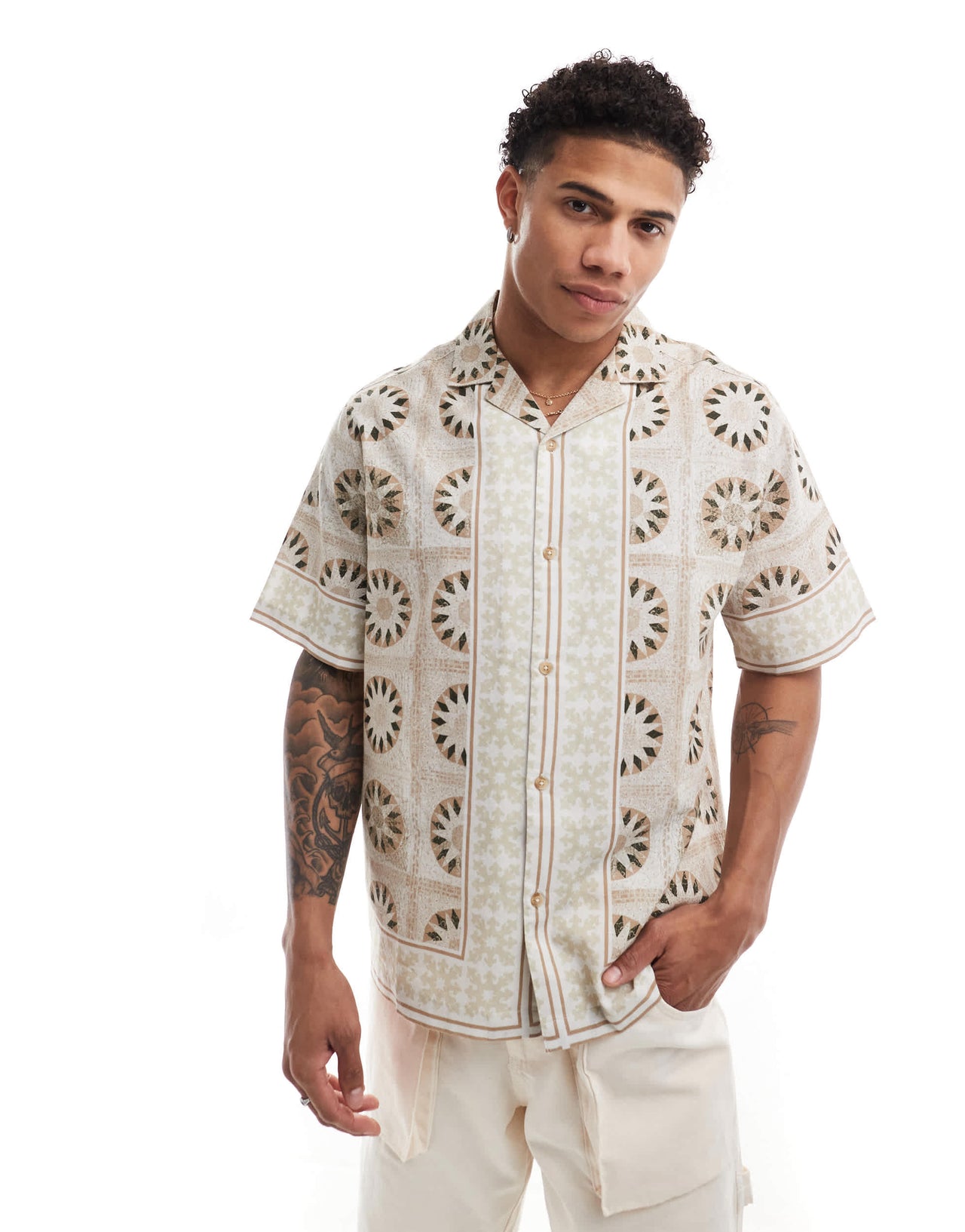 ASOS DESIGN relaxed revere shirt with geo print in stone