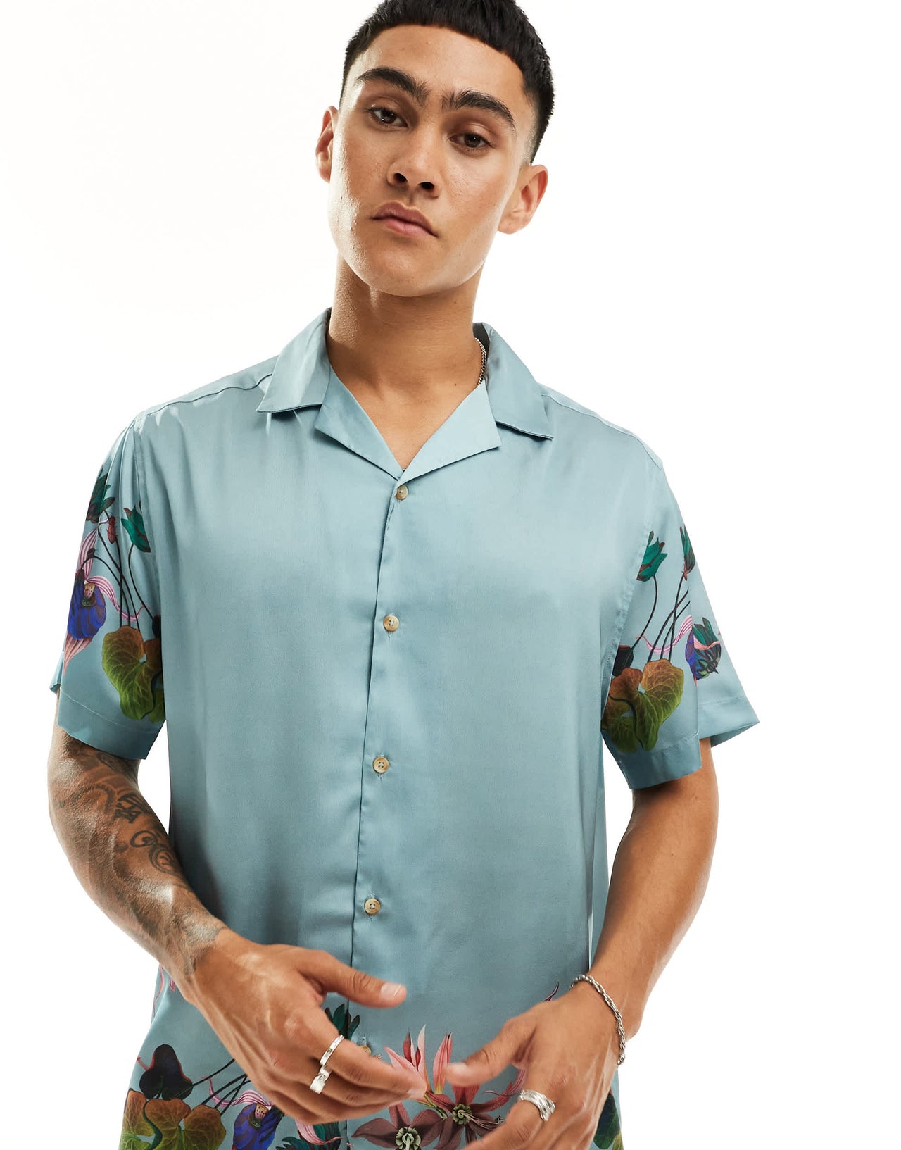 ASOS DESIGN relaxed revere shirt with border floral print