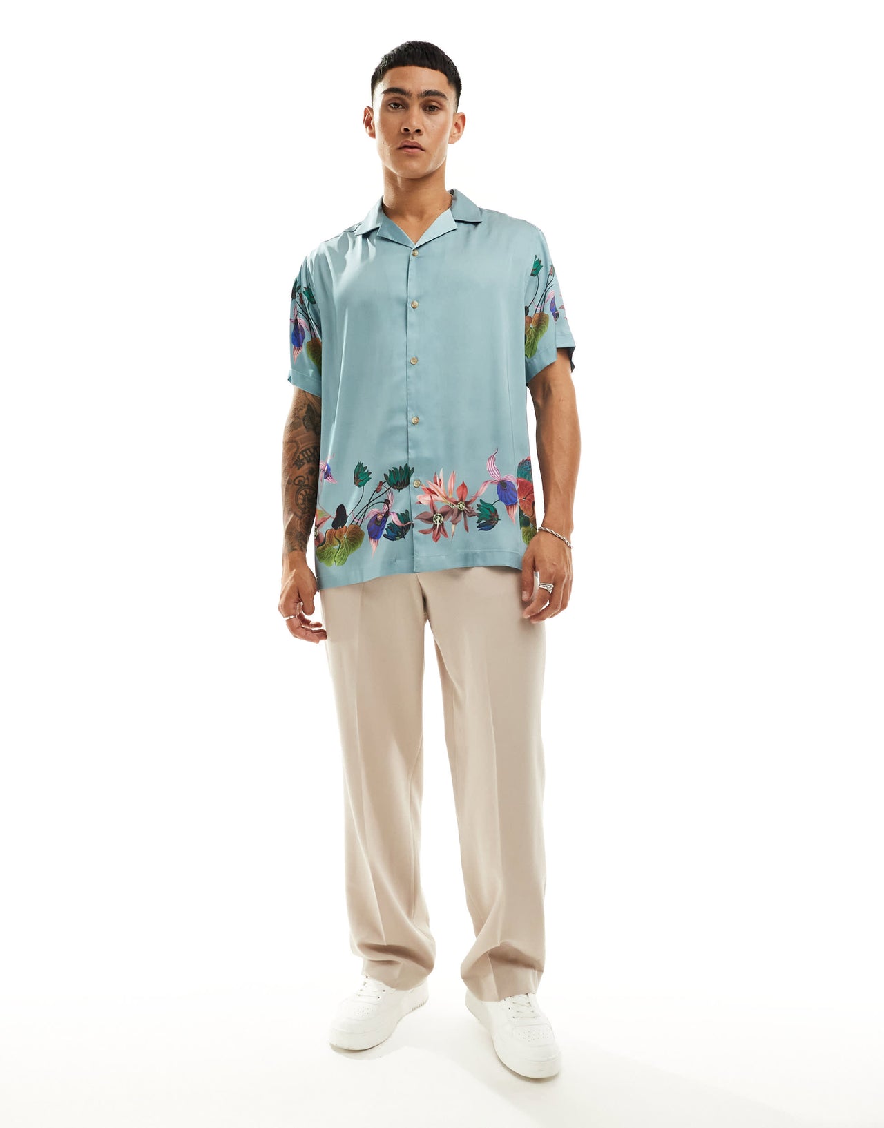 ASOS DESIGN relaxed revere shirt with border floral print