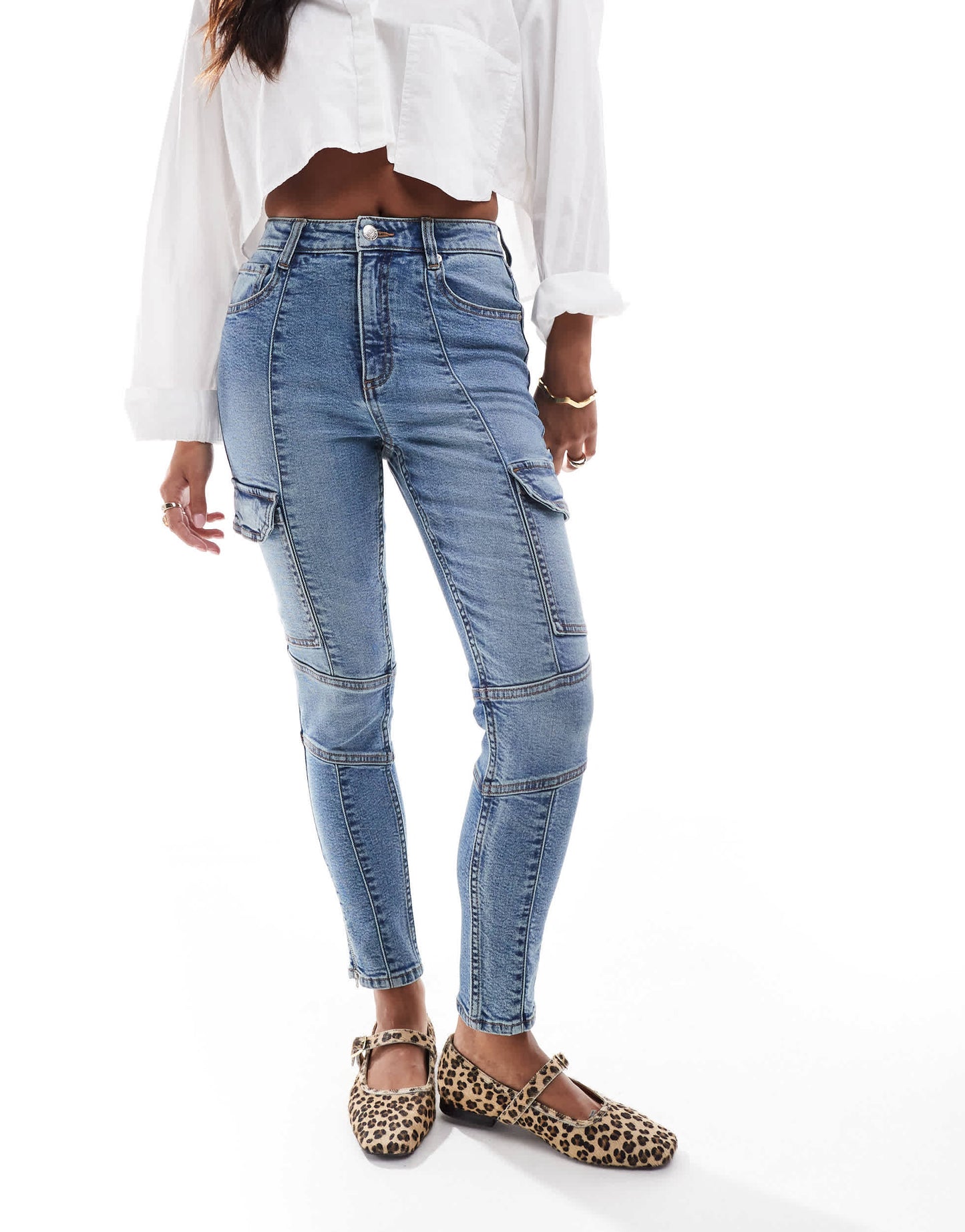 Miss Selfridge Petite cargo skinny jean in mid blue wash