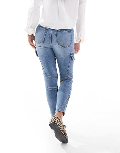 Miss Selfridge Petite cargo skinny jean in mid blue wash