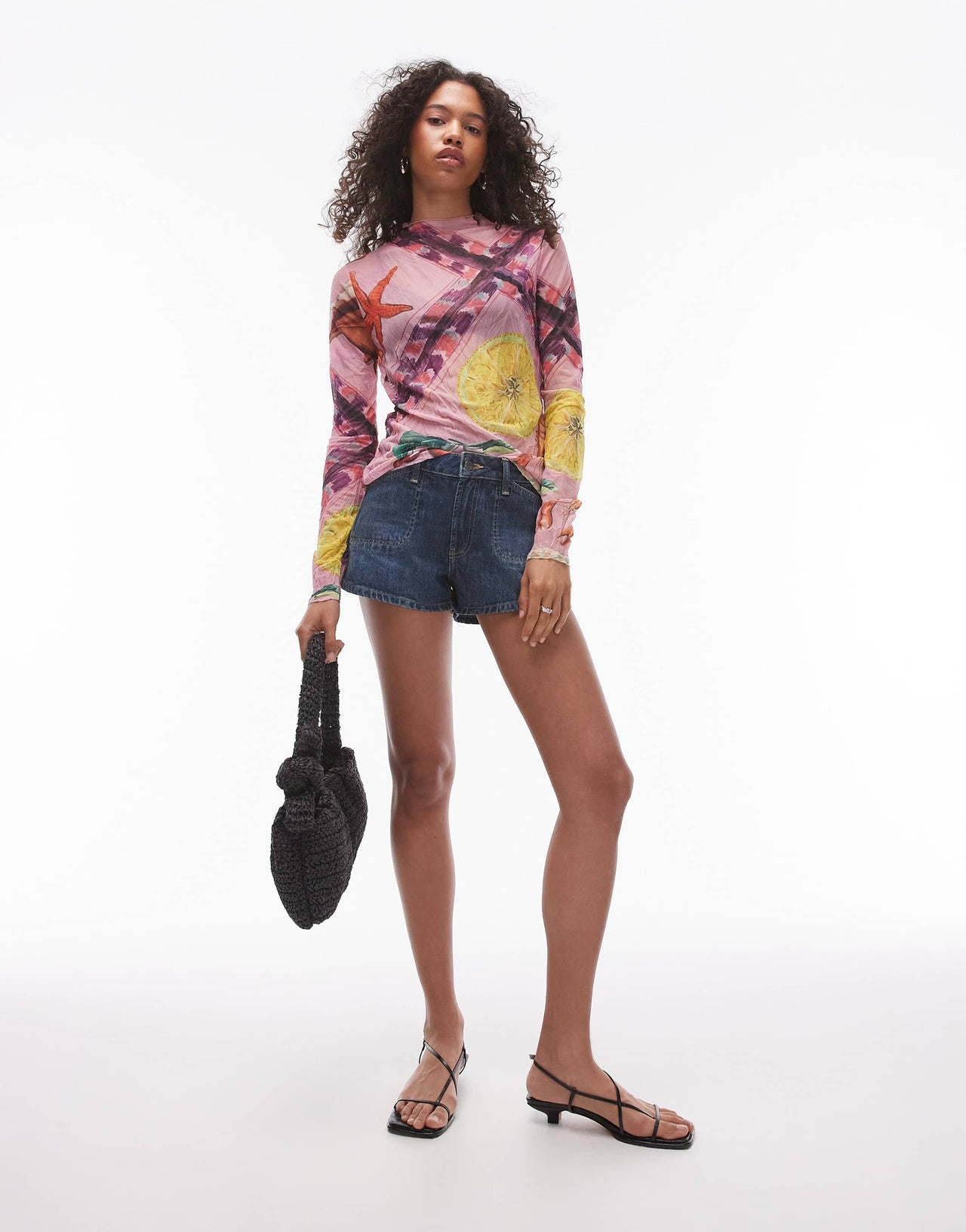 Topshop crinkle shell print long sleeve top in multi