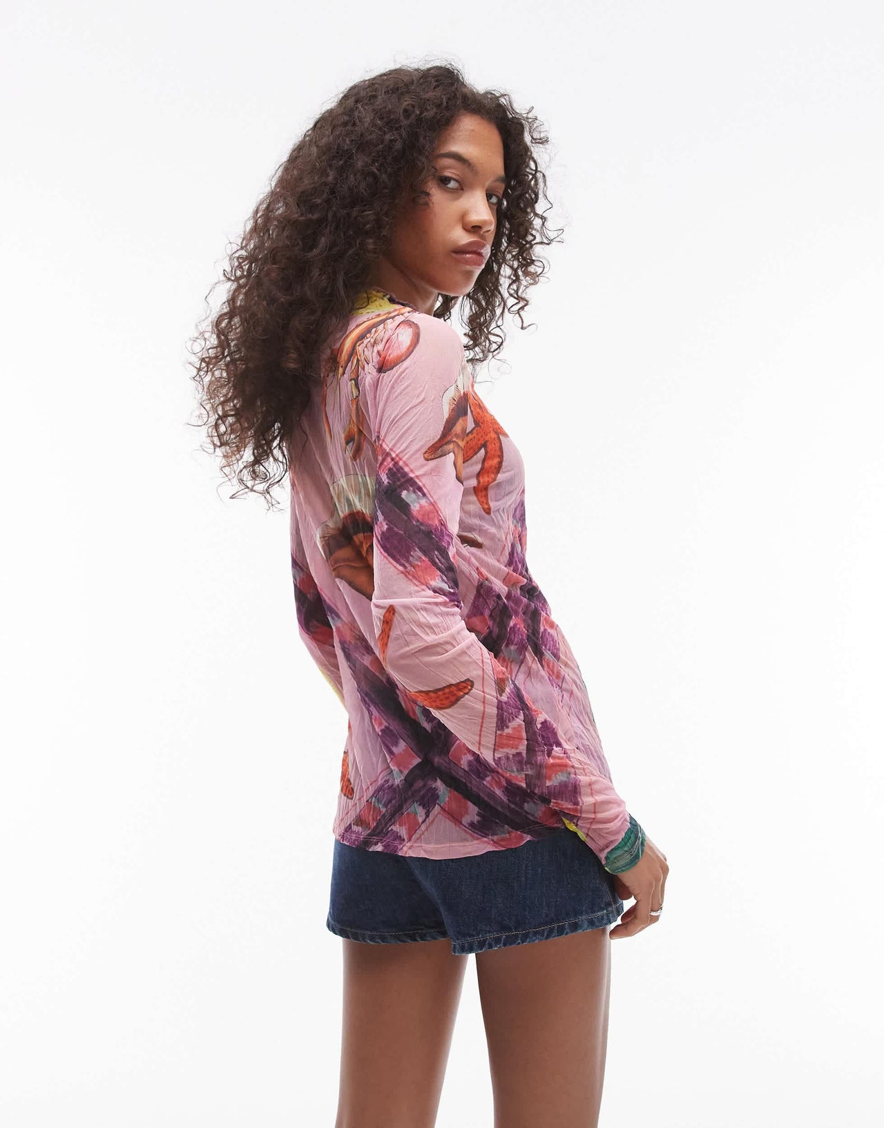 Topshop crinkle shell print long sleeve top in multi