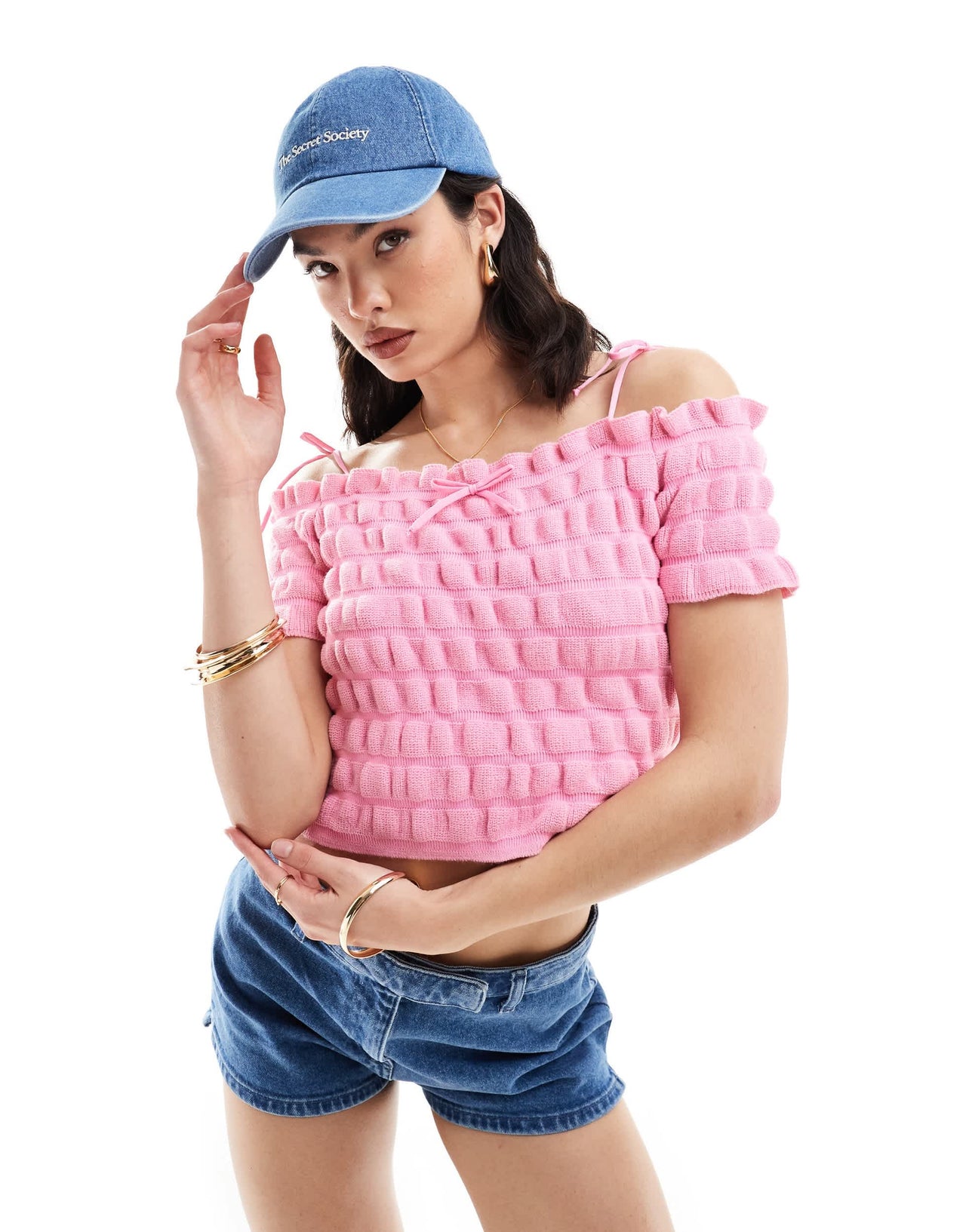ASOS DESIGN knitted shirred bardot top with tie strap and bow detail in pink