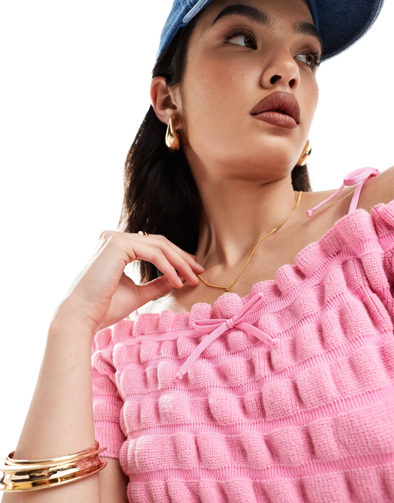 ASOS DESIGN knitted shirred bardot top with tie strap and bow detail in pink