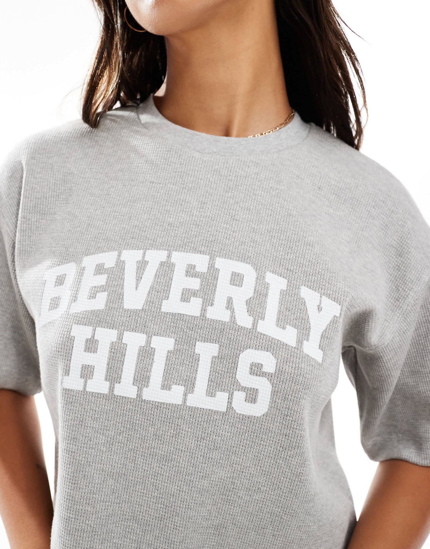 4th & Reckless Ara waffle t-shirt with Beverly hills slogan in grey