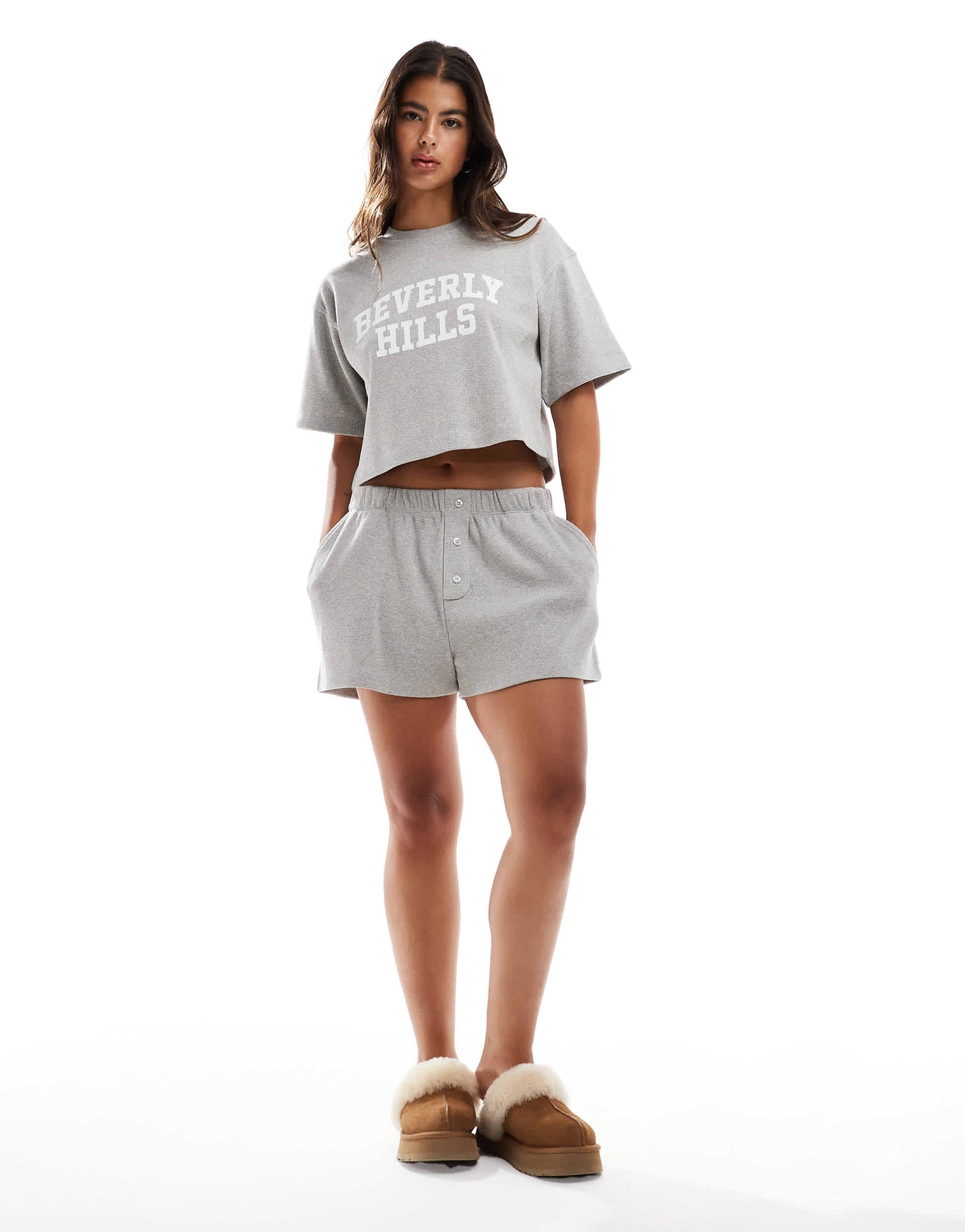 4th & Reckless Ara waffle t-shirt with Beverly hills slogan in grey