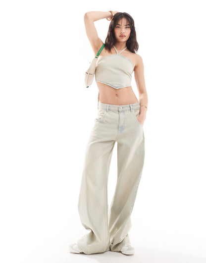 Pull&Bear denim tie halterneck top co-ord in dirty washed sand