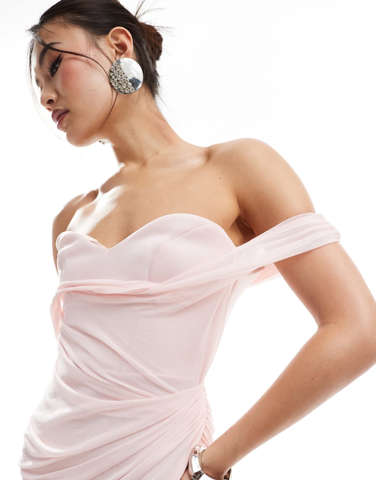 ASOS DESIGN sculpting pencil bardot midi dress with draped mesh overlay in blush