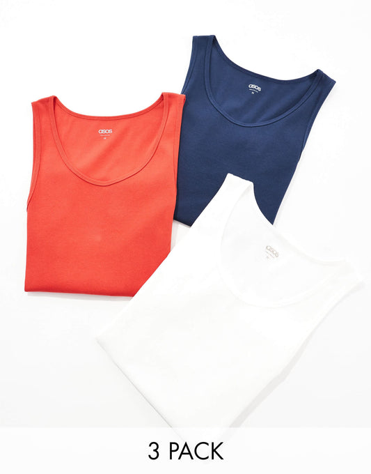 ASOS DESIGN essentials 3 pack muscle fit vests in multi rib