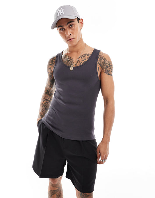 ASOS DESIGN muscle fit rib vest in charcoal