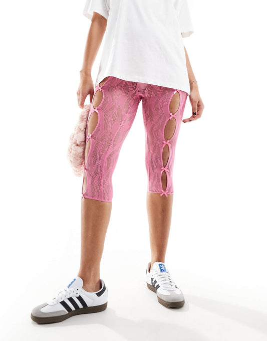 Elsie & Fred open front bow detail pink lace capri pants