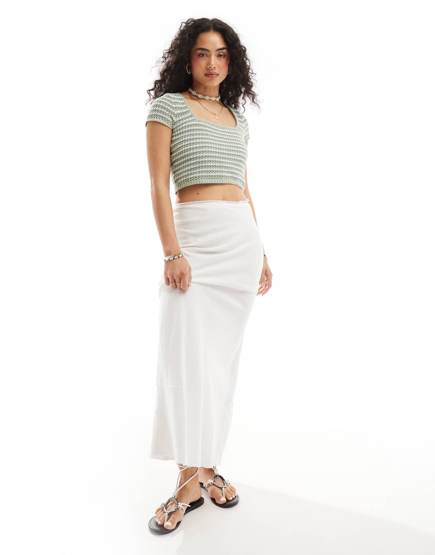 Hollister short sleeve stripe crochet top in green