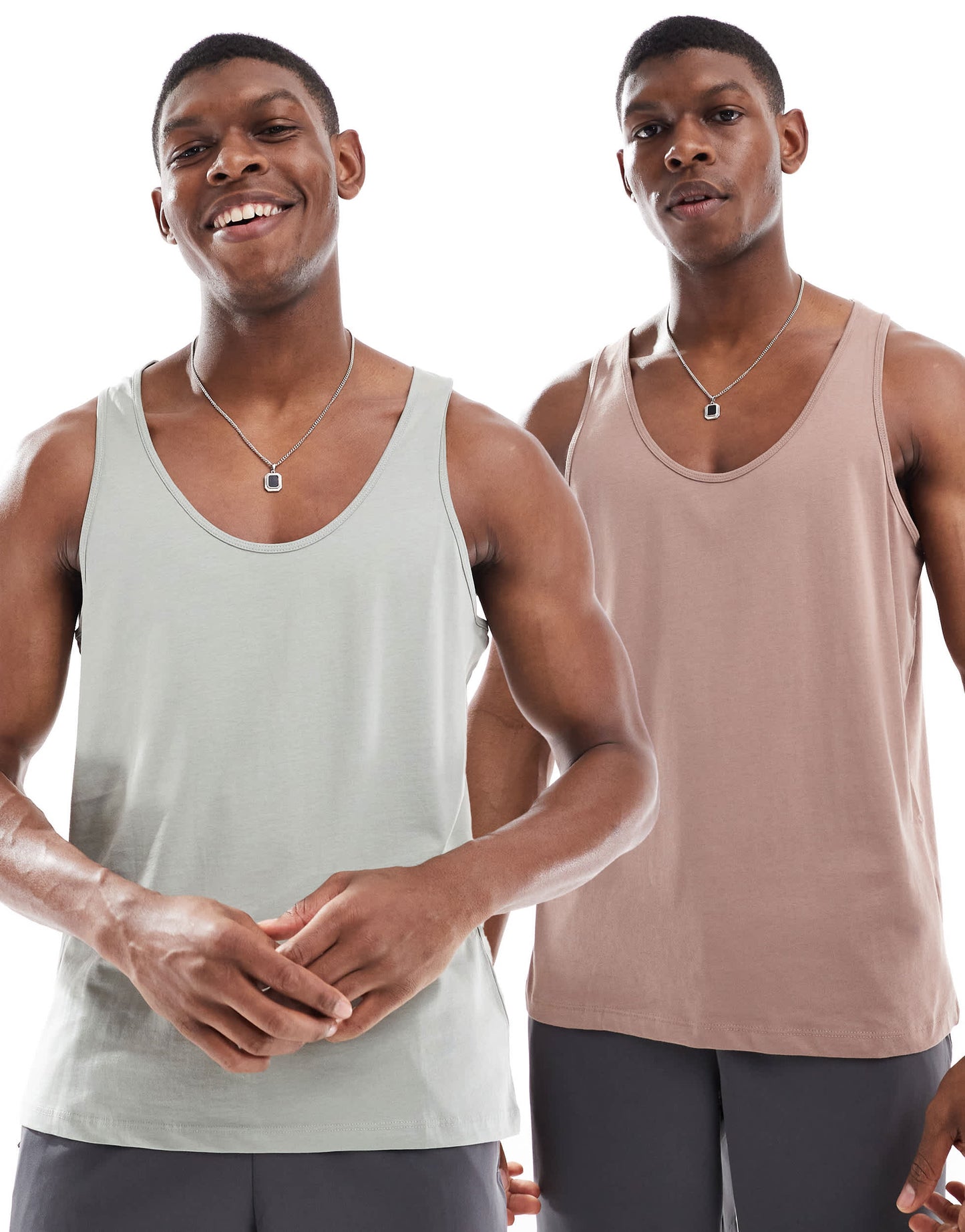 ASOS DESIGN essentials 2 pack vests in washed green and brown