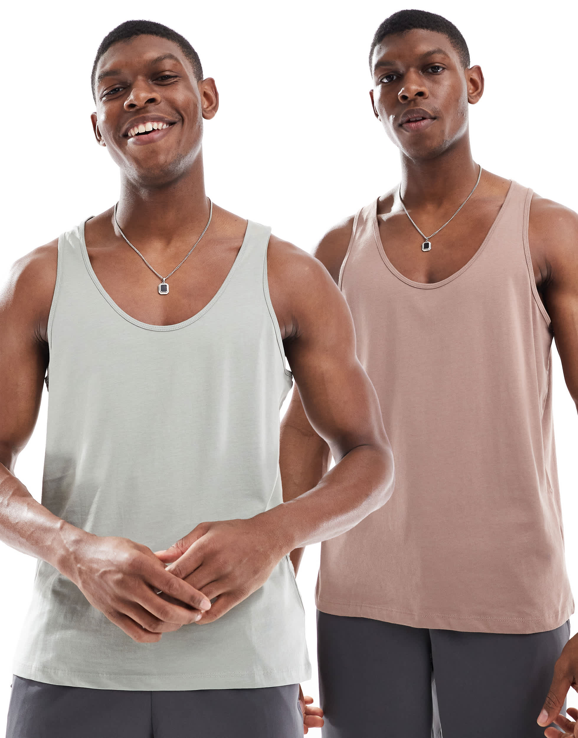 ASOS DESIGN essentials 2 pack vests in washed green and brown