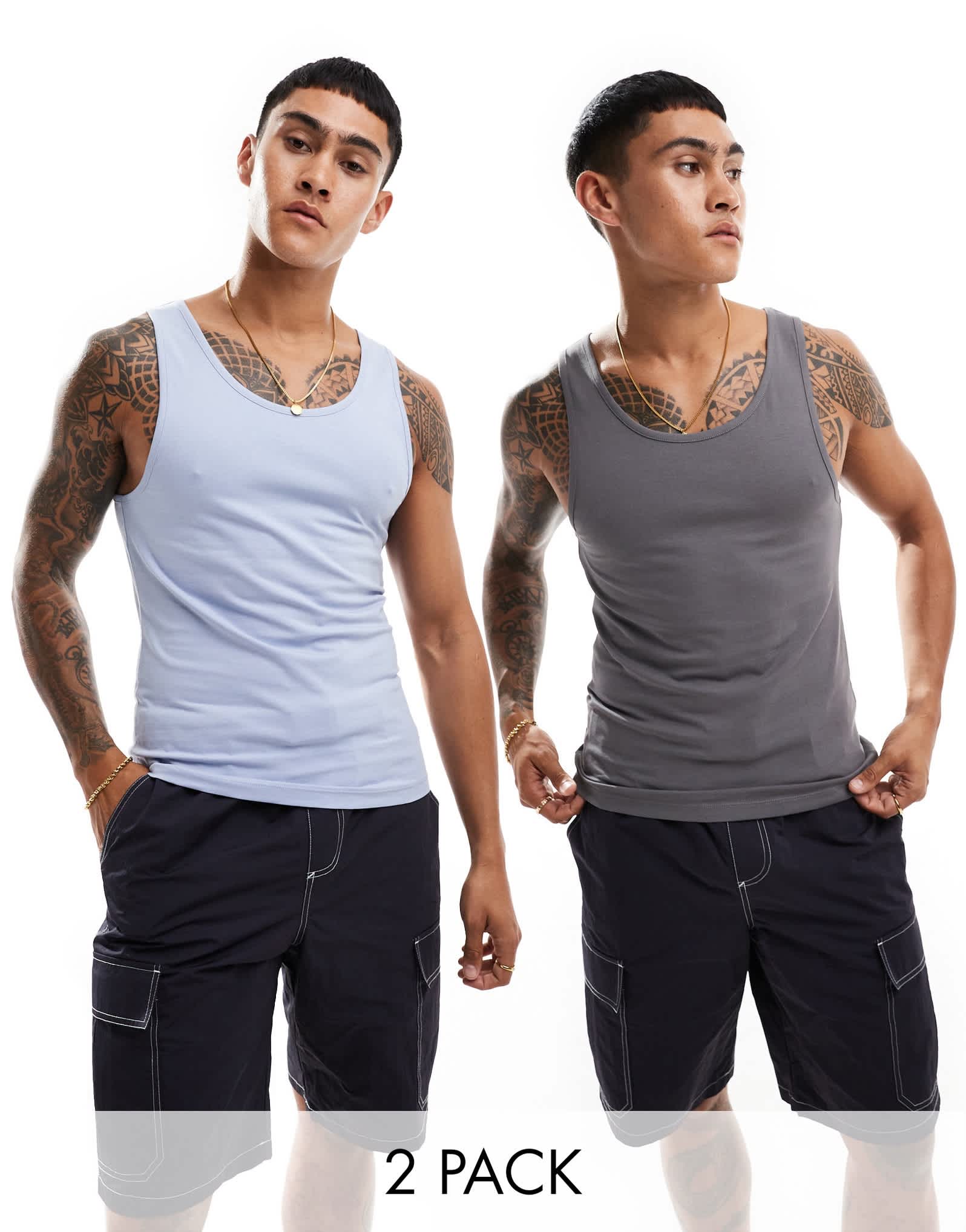 ASOS DESIGN essentials 2 pack muscle fit vests in light blue and charcoal