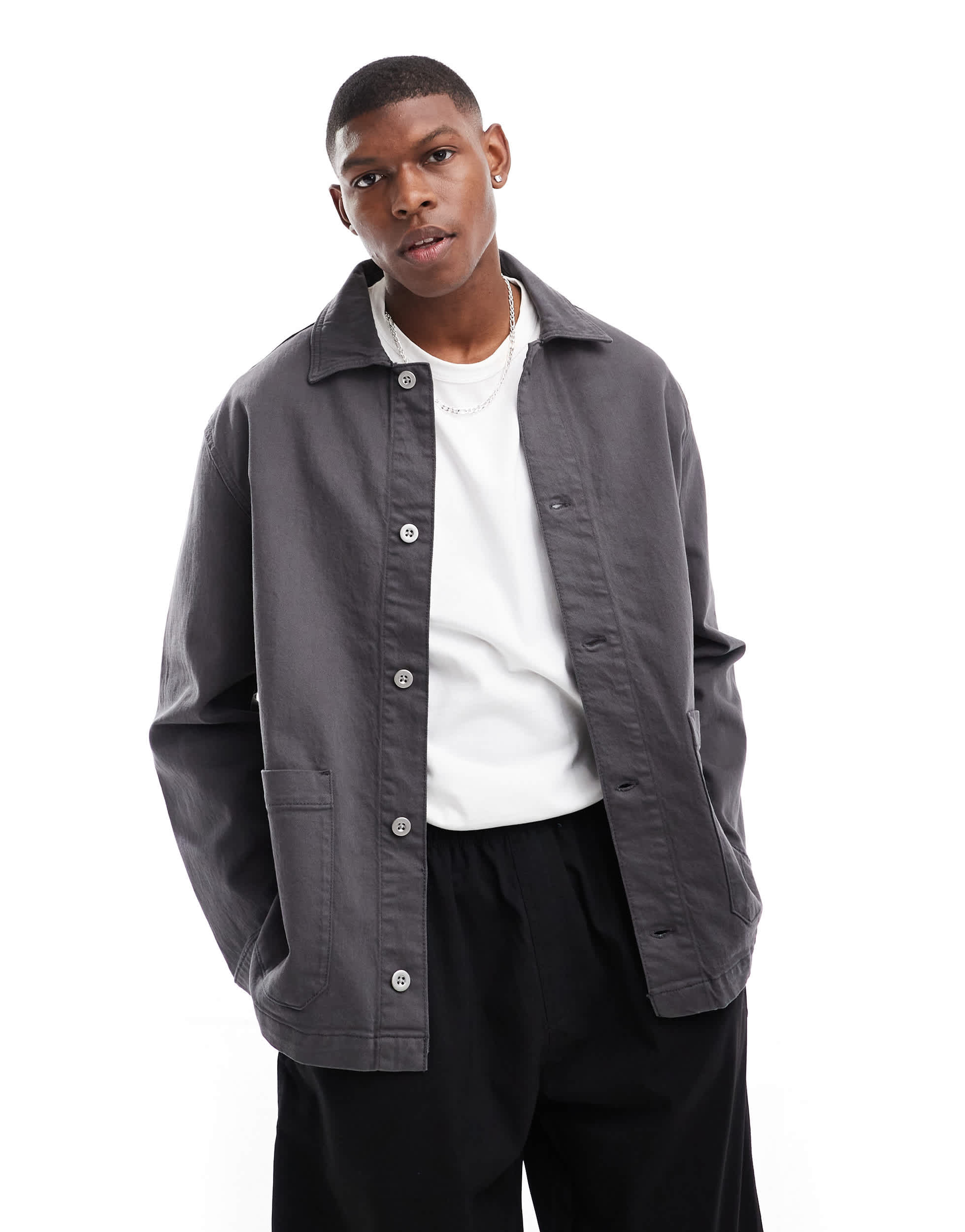 Selected boxy oversized overshirt in dark grey