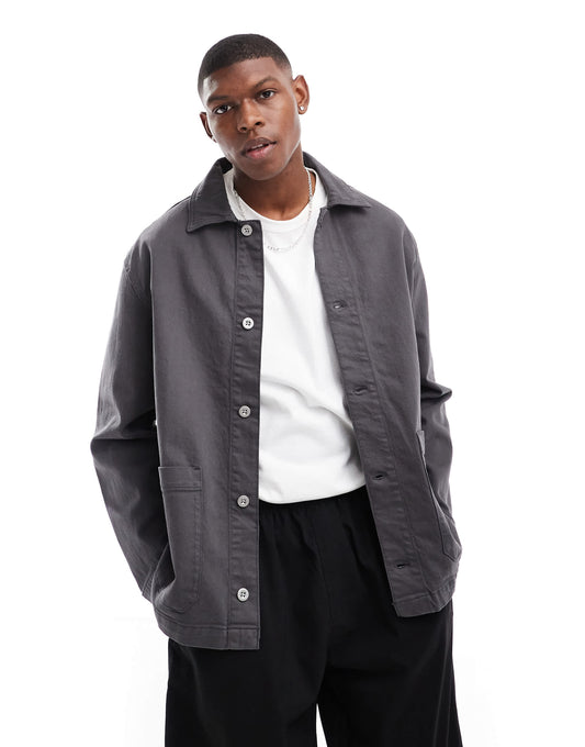 Selected boxy oversized overshirt in dark grey
