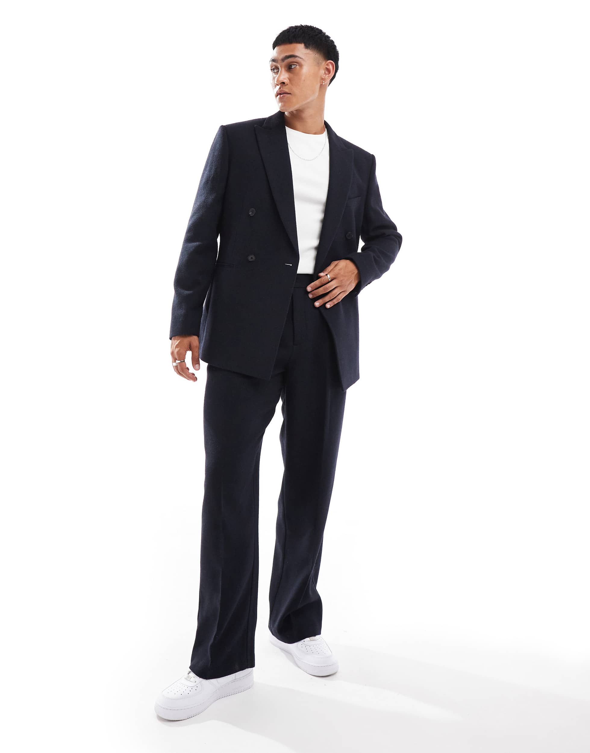 ASOS DESIGN wide wool blend suit trousers in navy twill