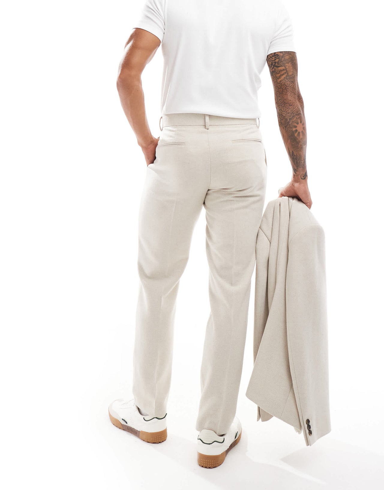 ASOS DESIGN slim wool blend suit trousers in stone herringbone