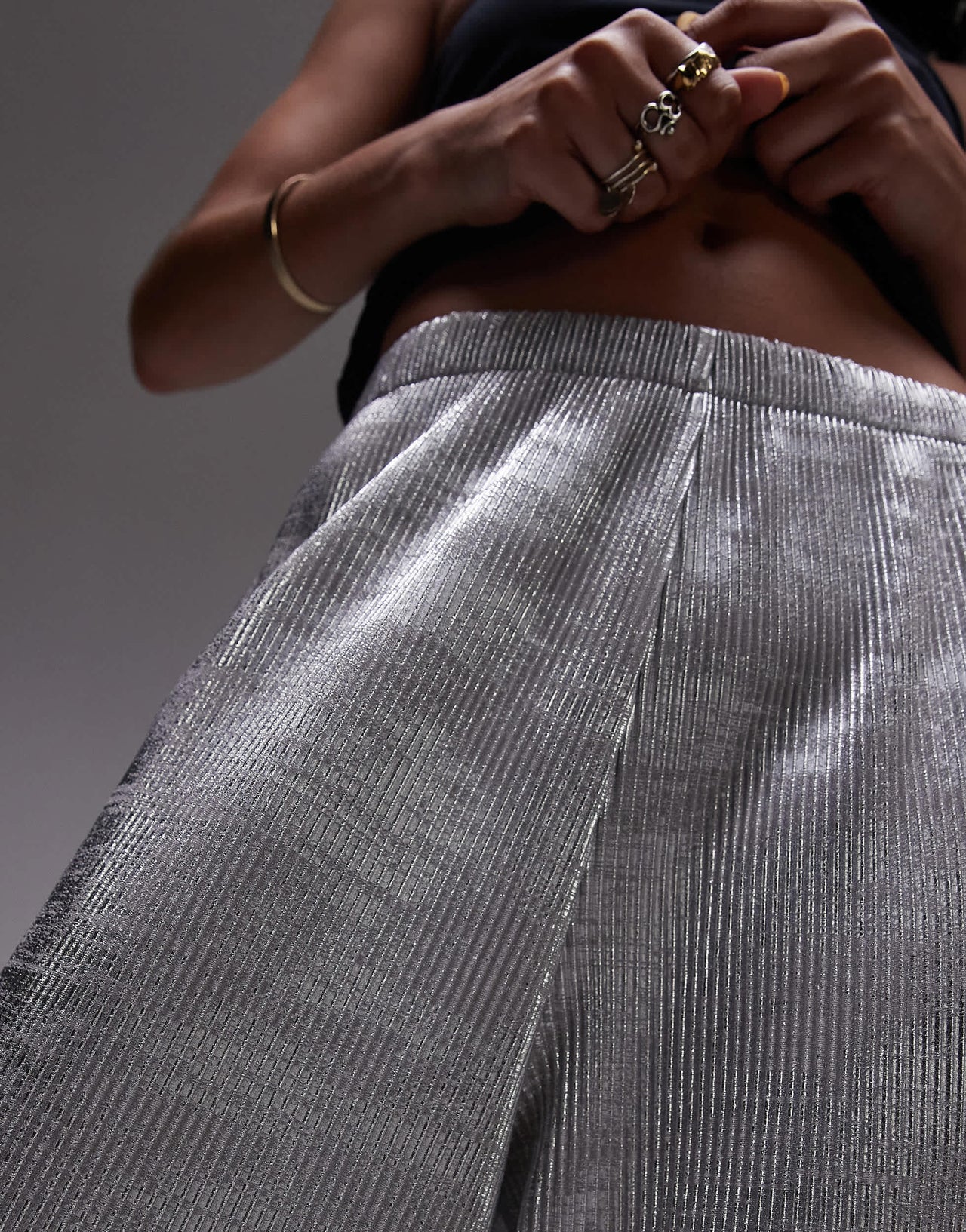 Topshop foil print plisse trouser in silver